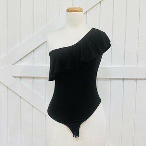 Farrow L Black Ribbed Off One Shoulder Bodysuit